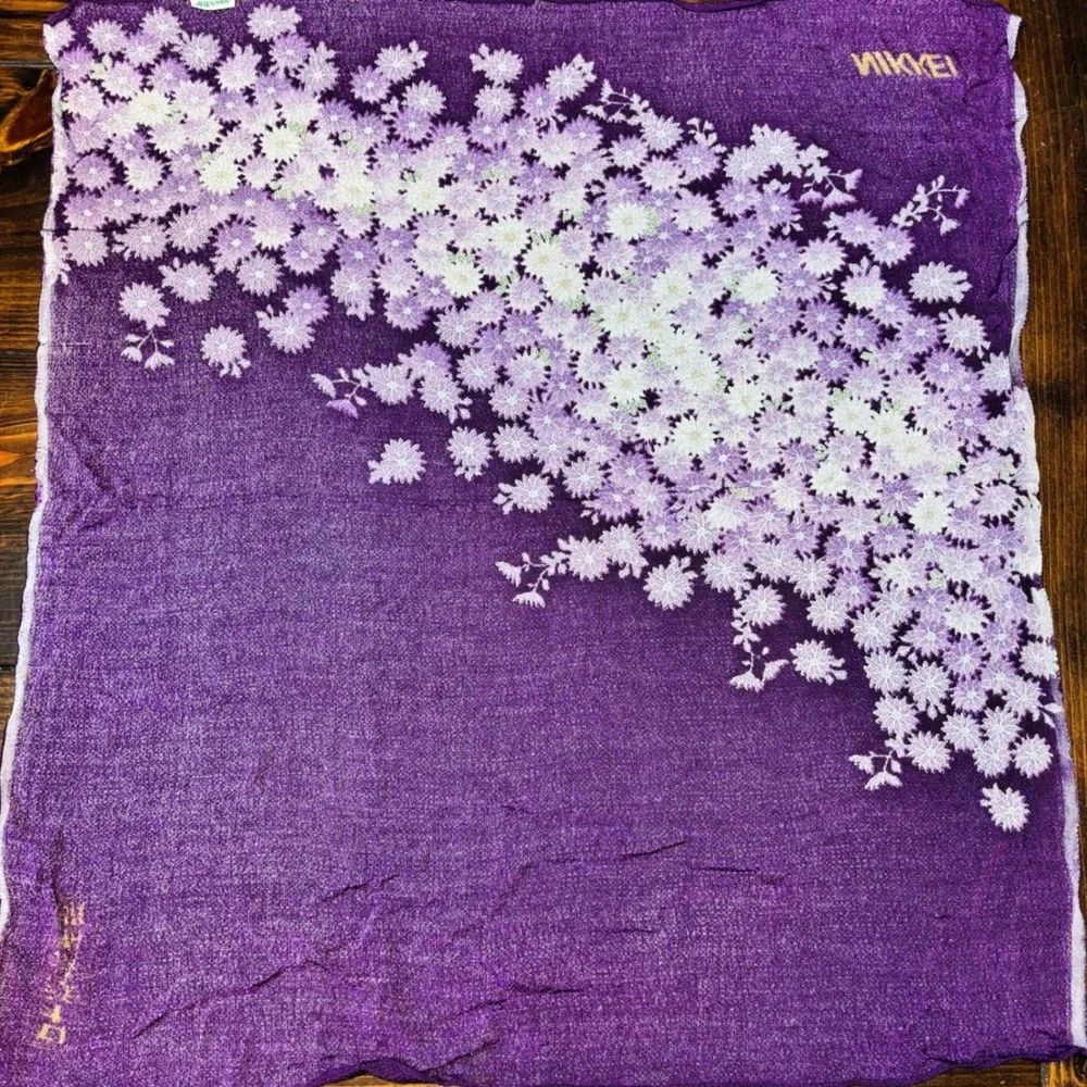 Vintage Nikkei Purple Silk Scarf Chrysanthemum Floral Print Japan 100% Silk‎